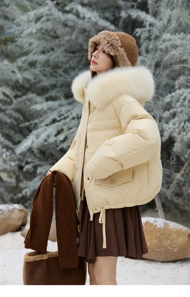 MISHOW Short Lightweight Puffer for Women 2025 Fashion Loose Long-sleeved Down Jacket Detachable Fur Collar Warm Coat MXE87Y0084