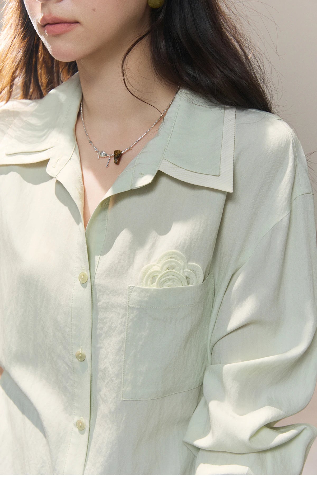 MISHOW Women's Contrast Trim Lapel Collar Shirts 2026 Spring Floral Embroidery Pocket Decor Button Waist Casual Shirt MXF13C2440