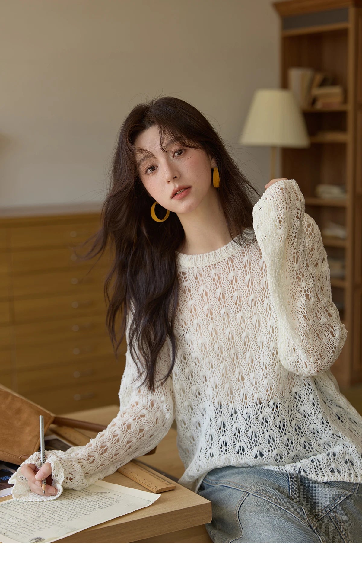 MISHOW Women's Hollow Knitted Tops 2025 Autumn Jacquard Weave Breathable Top Solid Dropped Sleeve Knitted Sweaters MXE43Z1360