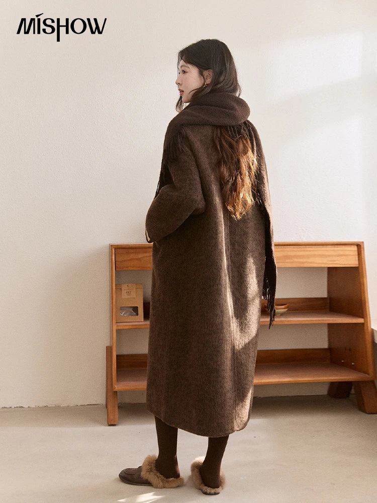 MISHOW Women's Woolen Coat with Scarf Winter Invisible Buckle Design Wool Overcoat Loose Elegant Warm Outerwear MXE93W1030