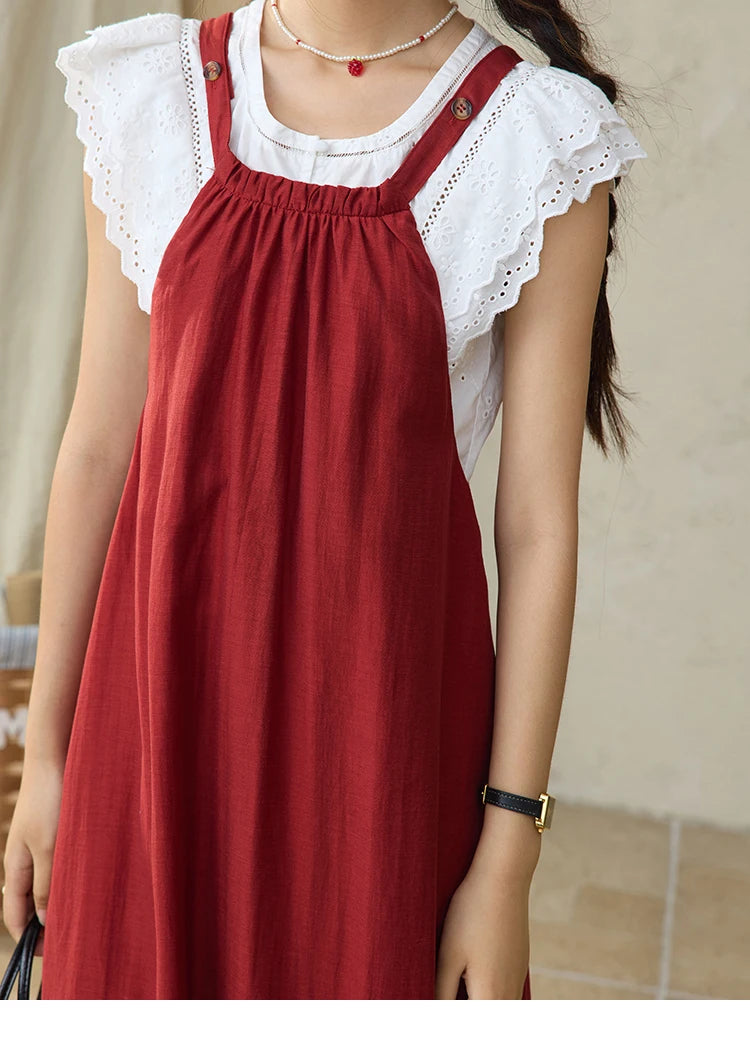 MISHOW Red Linen Strap Midi Dress Summer Sleeveless Casual Vacation Dress Hanging Neck Loose A-LINE Dress (Not A Set) MXE36L2309