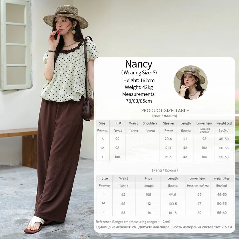 MISHOW 2025 Summer Women's Two Piece Set Polka Dot Puff Sleeve Top Casual Pocket Wide Leg Pants Set Female Clothing MXE39T0657