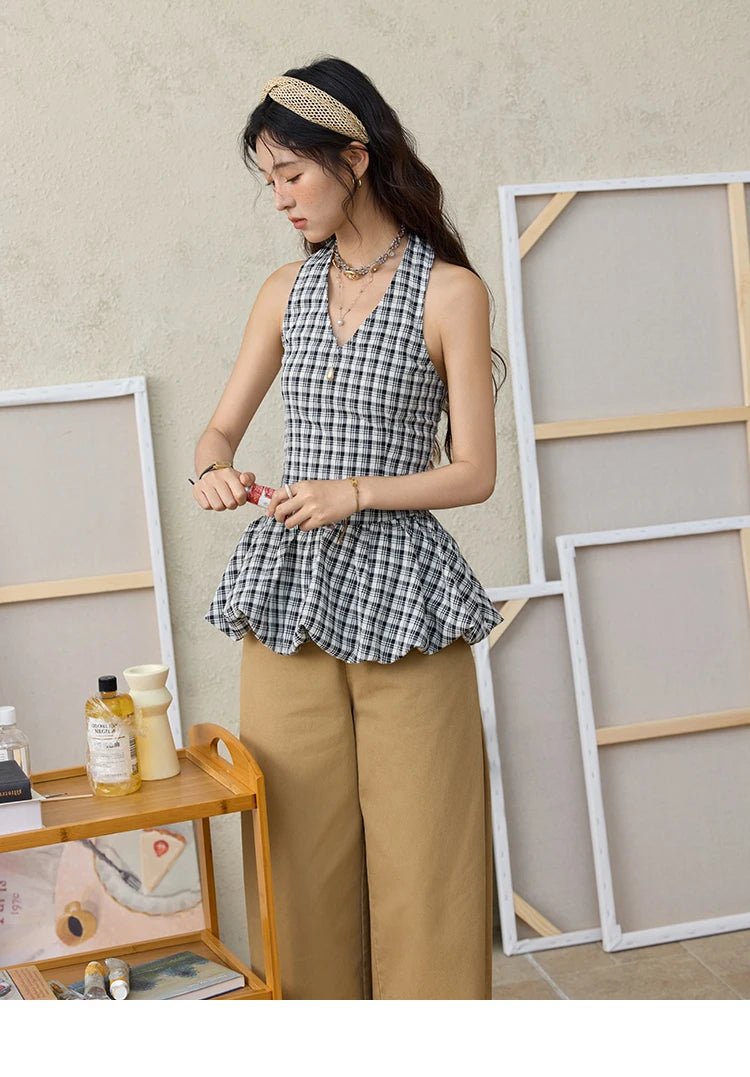 MISHOW Black Hanging Neck Plaid Blouse Backless V-Neck MXE35X1822