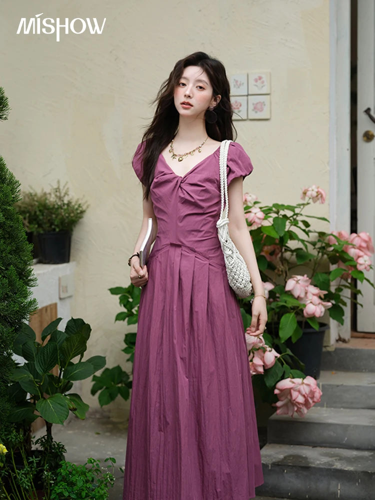 MISHOW Fashion V-neck Puff Sleeve Dress for Women 2025 Summer Ladies Zipper Solid Vacation Dresses Women's Clothing MXE39L2384