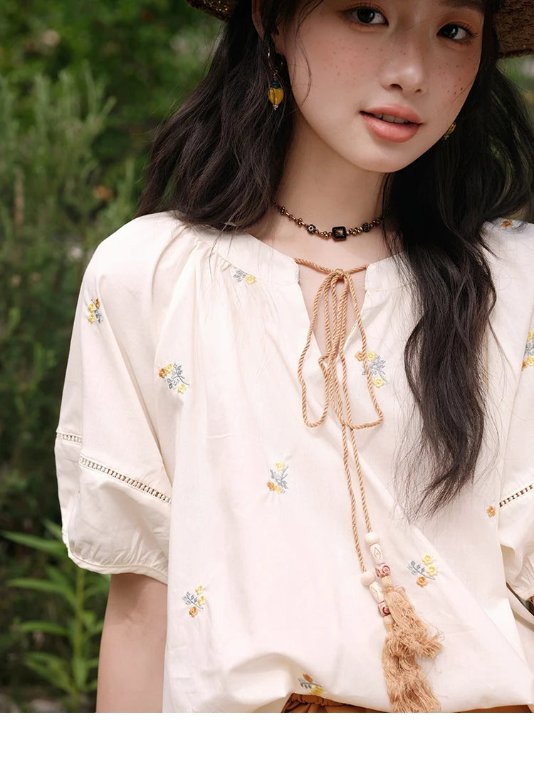 MISHOW Women Two-Piece Set 2025 Summer Puff Sleeve Lace Up Top Hollow Lace Spliced Elastic Waist Shorts Ladies Set MXE38T0684