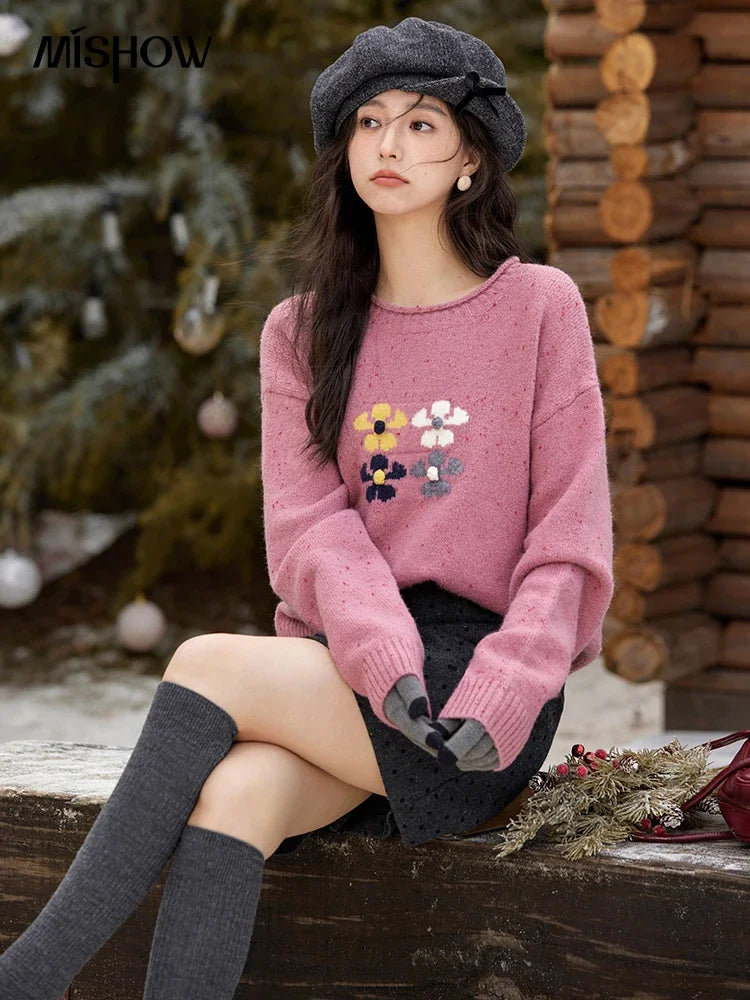 MISHOW Wool Blend Yarn Knitted Sweater Flower Color Dots Design 2024 Winter Women O-Neck Pullovers Lazy Sweaters MXD56Z1066