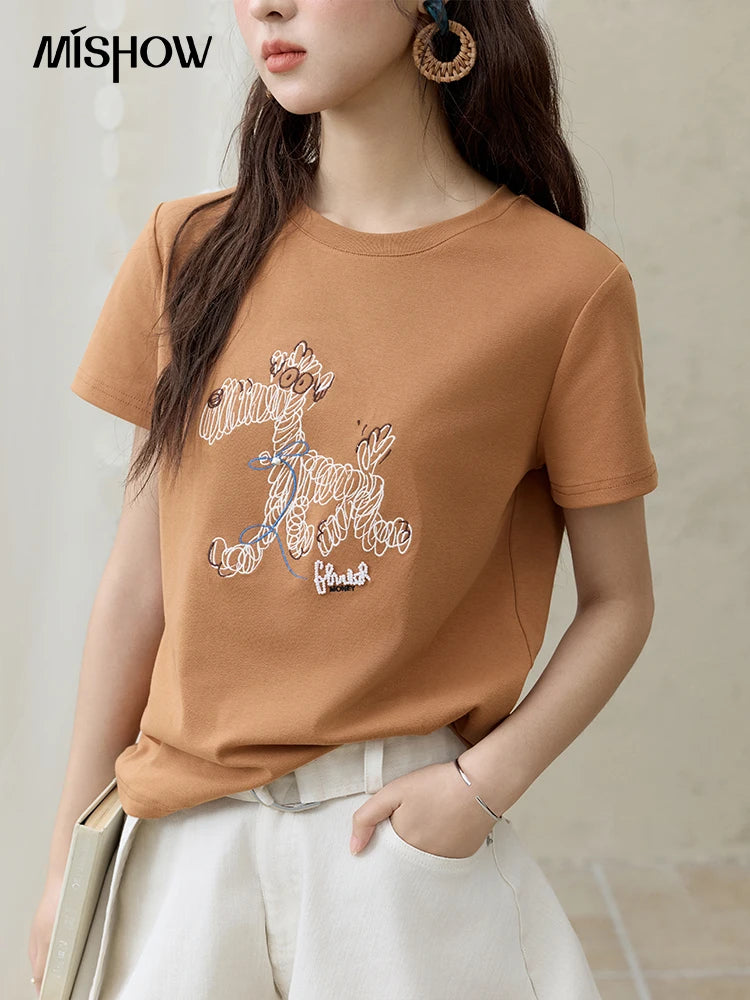 MISHOW Print Women‘s Summer T-shirts 2025 Short Sleeve Round Neck Loose Design Shirt Female Slim Embroidery Tops Lady MXE31T0550