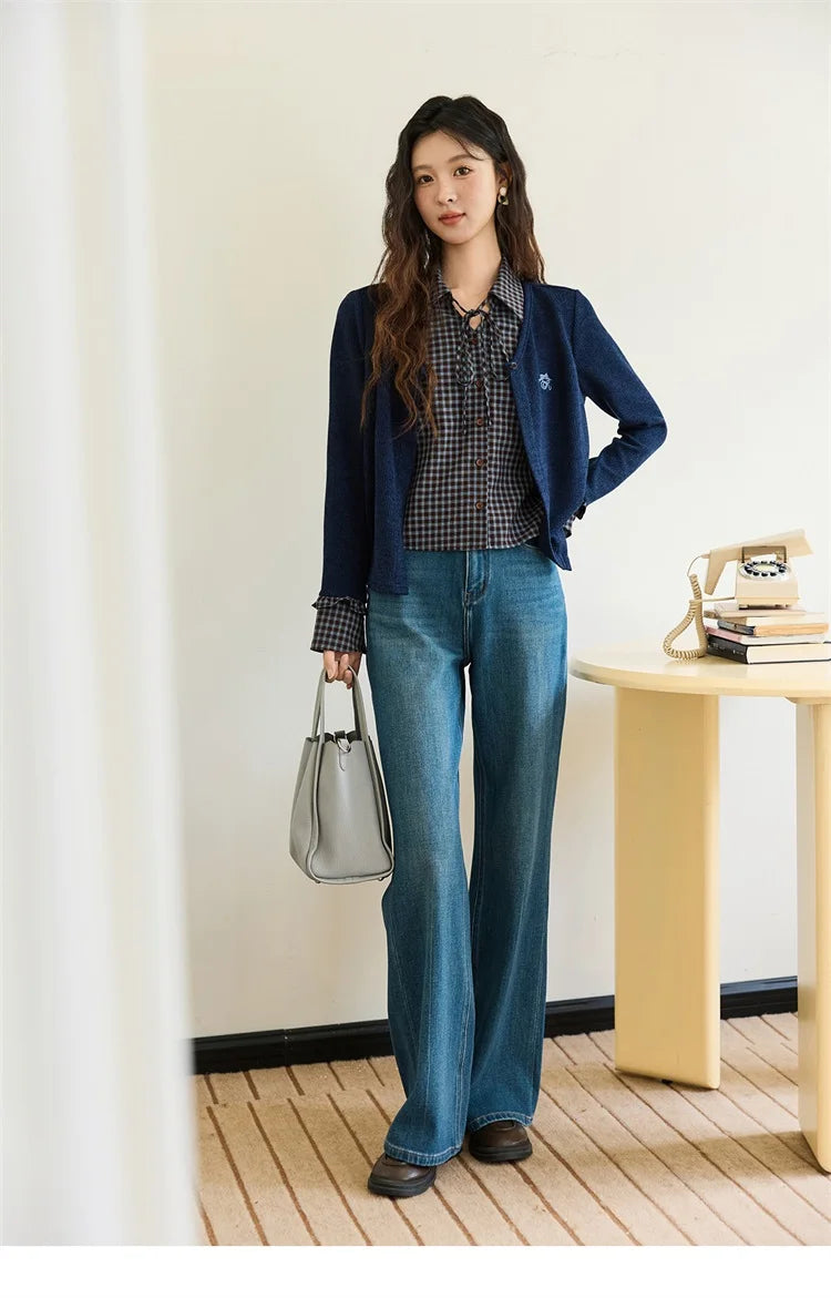 MISHOW Women's Fake Two Knitted Sweaters 2025 Autumn Plaid Splicing Embroidered Tops Retro Lapel Flare Sleeve Tops MXE45Z1401