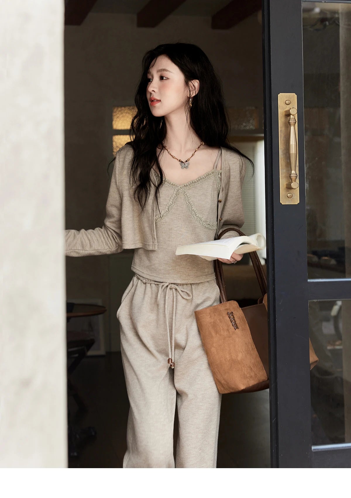 MISHOW French Women Lace Splicing Camisole Cardigan Straight Pants Separately Solid Top Elastic Waisted Pants MXD47T0405