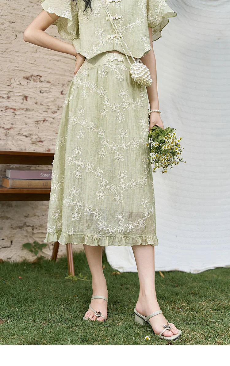 MISHOW Chinese Green Stand Collar Lotus Leaf Overlapping Sleeve Top Hem Stringy Selvedge Skirt Separately 2024 Summer MXD22X1388