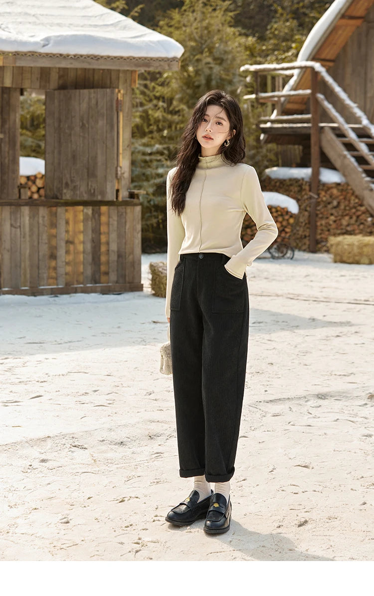 MISHOW Corduroy Pants High Waist Straight Pants Pocket Design Velvet Inside Comfortable Touch Slim Fit Office Lady MXD55K0813