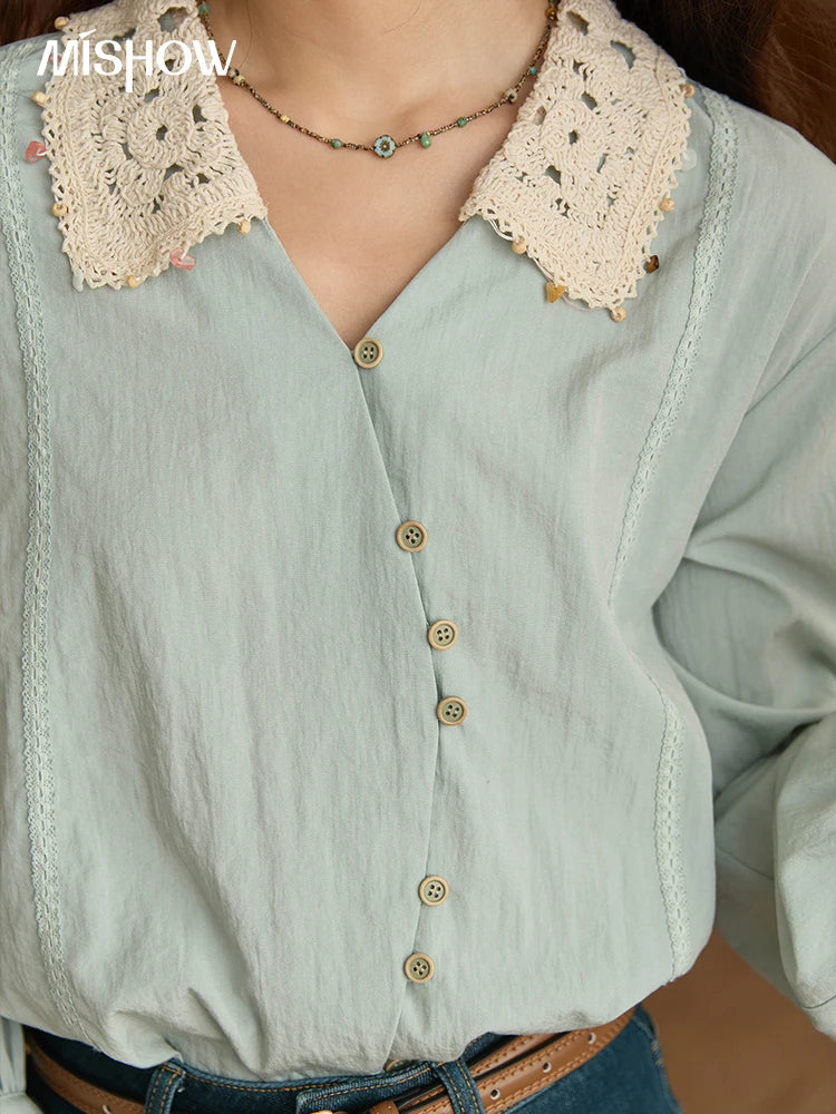 MISHOW Women's Linen Shirt 2025 Autumn Contrast Apricot Lapel Shirts Long Sleeve Curved Placket Tops Office Lady MXE43C2387