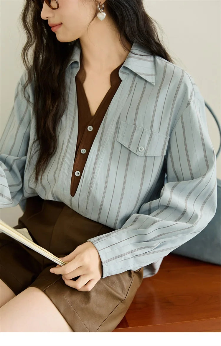 MISHOW Peach Skin Velvet Stripe Shirt for Women Autumn 2025 Double Layered Collar Contrasting Color Shirt Commute Top MXE47C2408