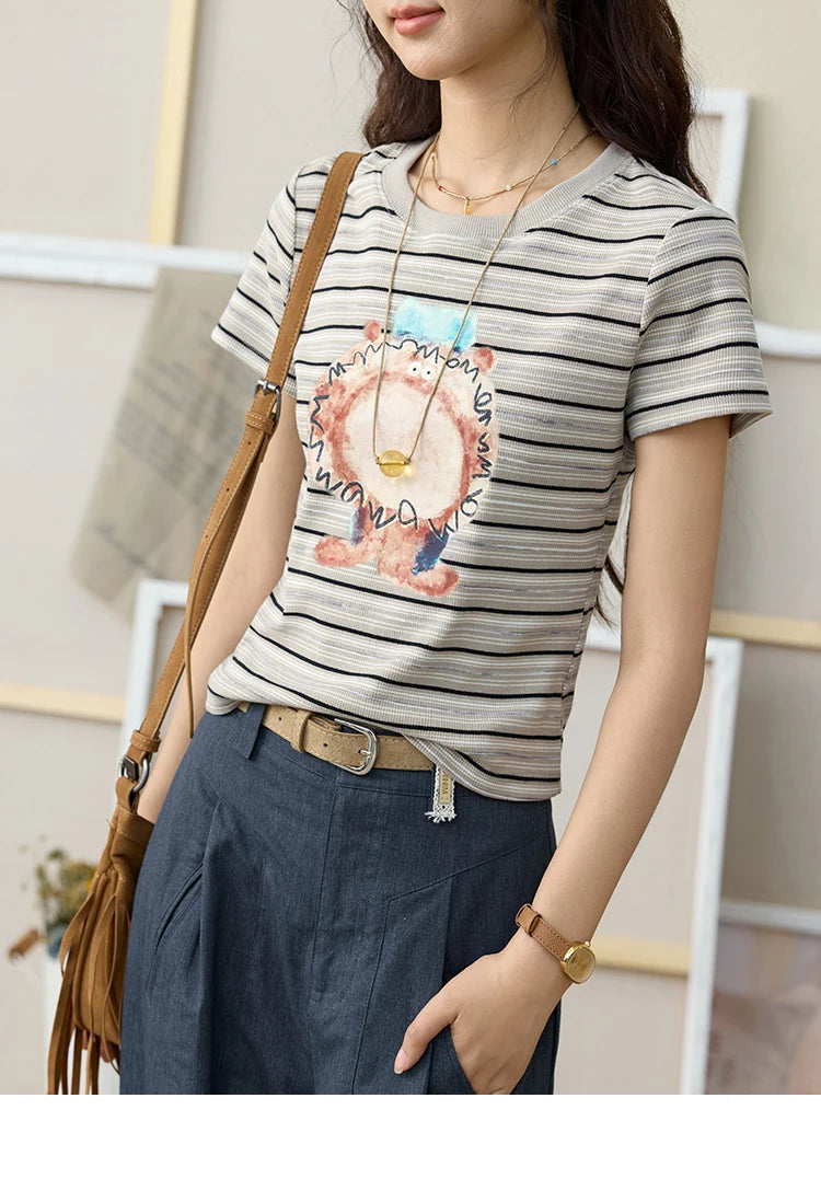 MISHOW Striped Cartoon Pufferfish Printed T-shirt for Women Summer 2025 Slim Shoulders Cotton Tees Short Sleeved Top MXE32T0538