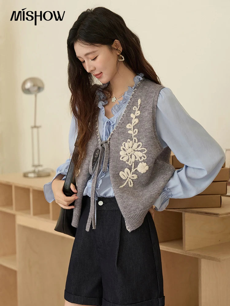 MISHOW Women's Knitted Vests 2025 Autumn Solid Embroidered Vest V-neck Tie Short Loose Outerwear Versatile Knit Top MXE45Z1397