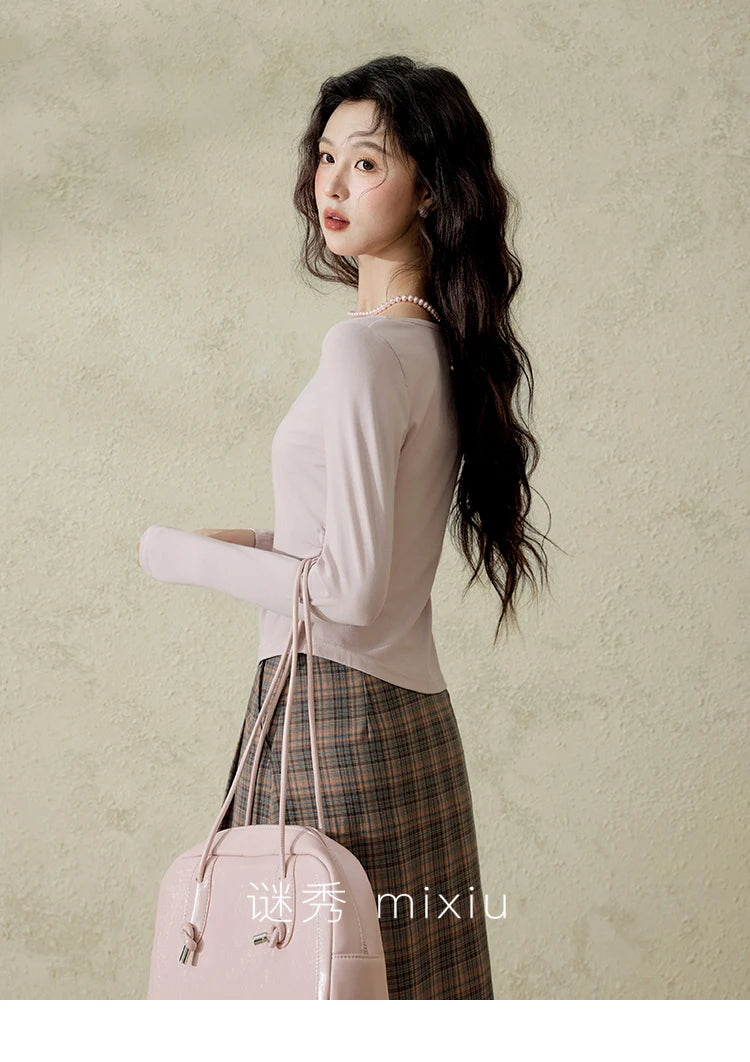 MISHOW Women's Knitted Long Sleeved T-shirt 2025 Spring Outfit Irregular Hollow Neck Tees Slim Solid Color Casual Top MXE13Z1116