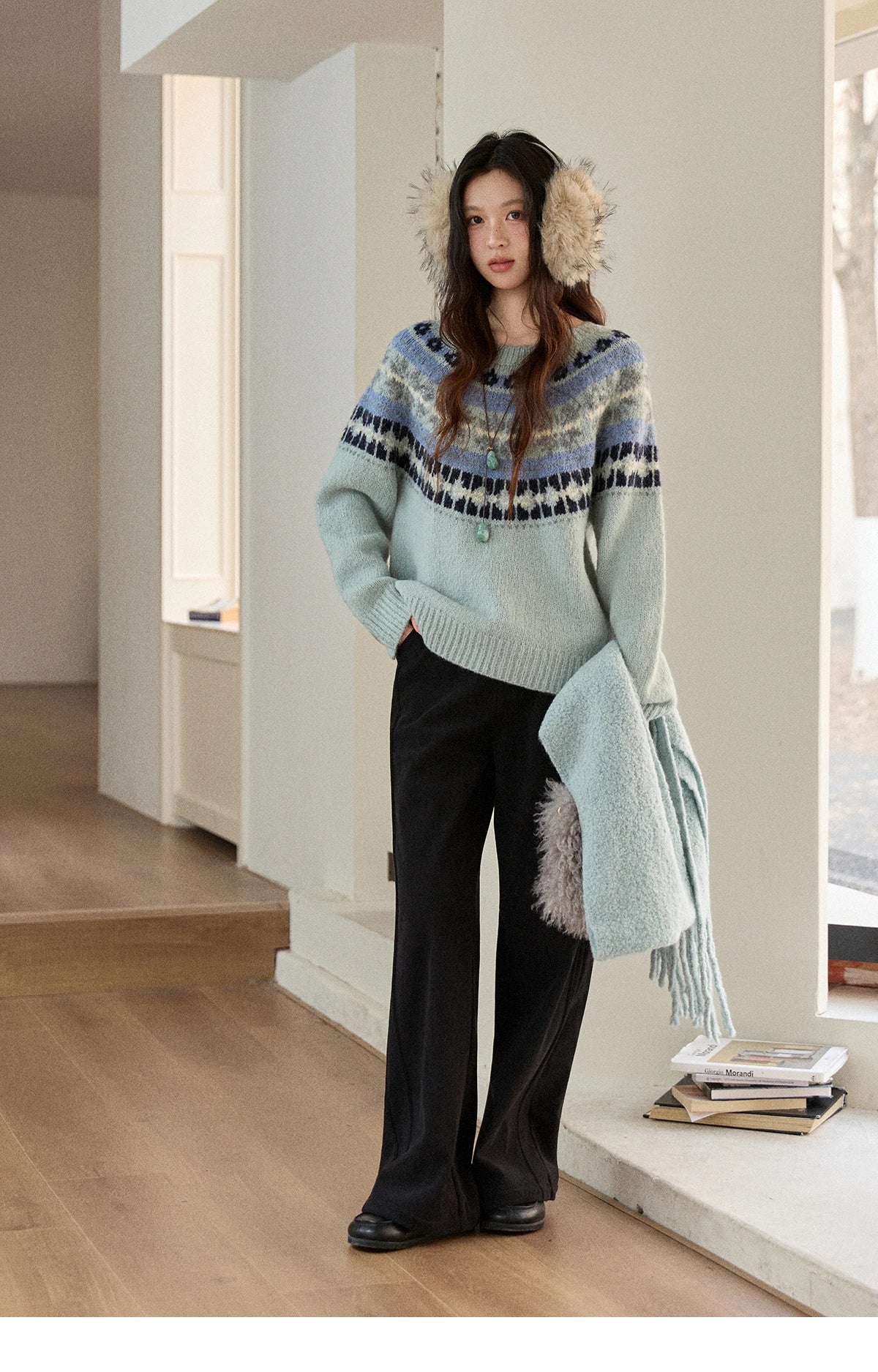 MISHOW Women's Blue Fair Isle Sweater 2025 Winter Geometric Jacquard Loose Retro Wool Blend Knit Pullovers Sweaters MXE87Z2767