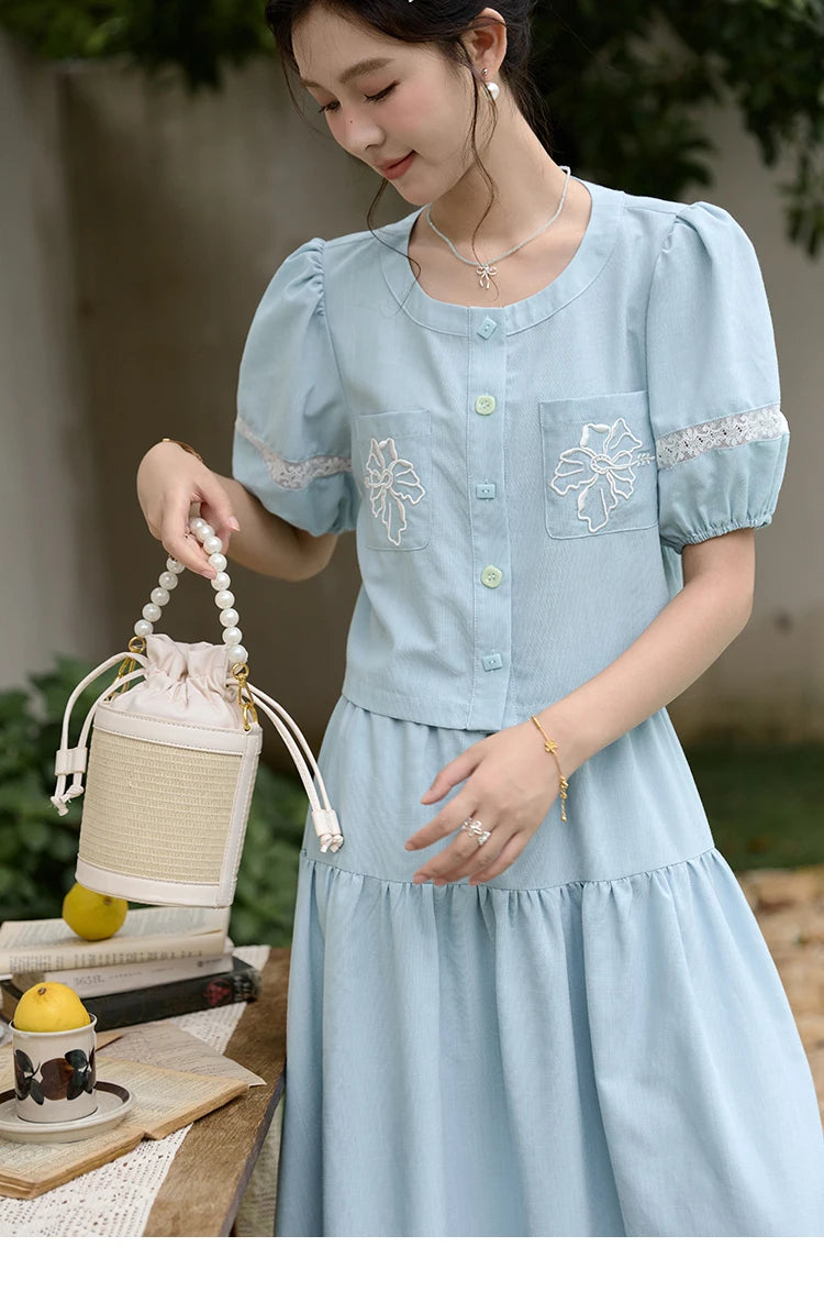 MISHOW Blue Pocket Patchwork Lace Shirt Elastic Waist Skirt Separately 2024 Summer Korean Round Neck Top Sweet Skirts MPD22B0450