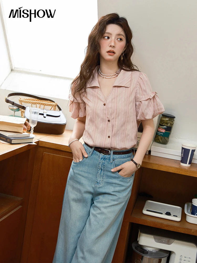 MISHOW Ladies Fashion Puff Sleeve Striped Shirt 2025 Summer New Commute Retro Turn-down Collar Top Women's Clothing MXE37C0808