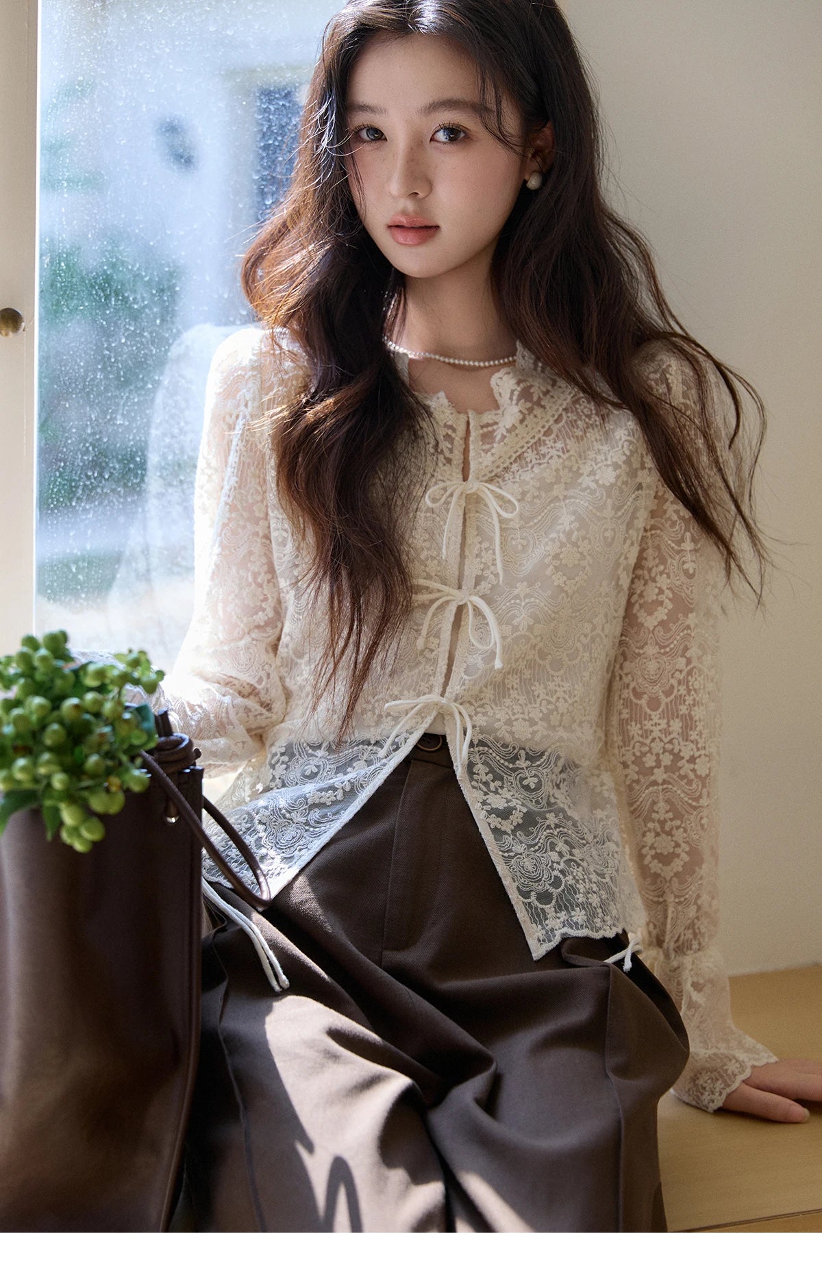 MISHOW Women's Sweet Lace Top Camisole Set Spring Tie Front Flare Sleeve Sheer Casual Elegant Two-Piece Knitwear MXF108X1001