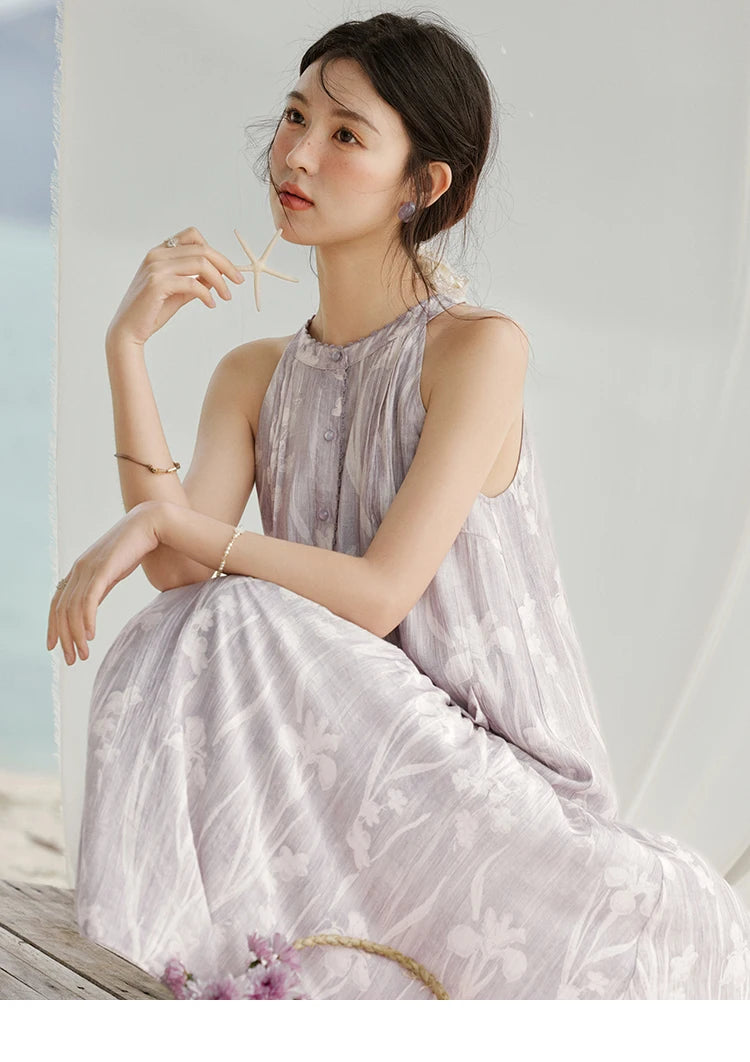 MISHOW Purple Print Chiffon Holiday Dress Women 2025 Summer Sleeveless Stand Collar Slim Dresses Woman New Fashion MXE32L2163