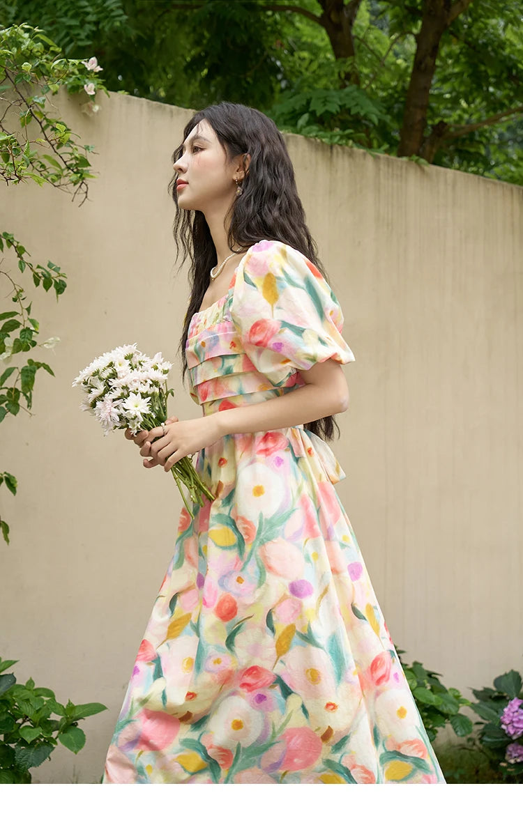 MISHOW French Tulip Fragmented Flower Dresses for Women 2024 Summer Beach Vacation Puff Sleeve Sweet Elegant Dresses MXD28L1896