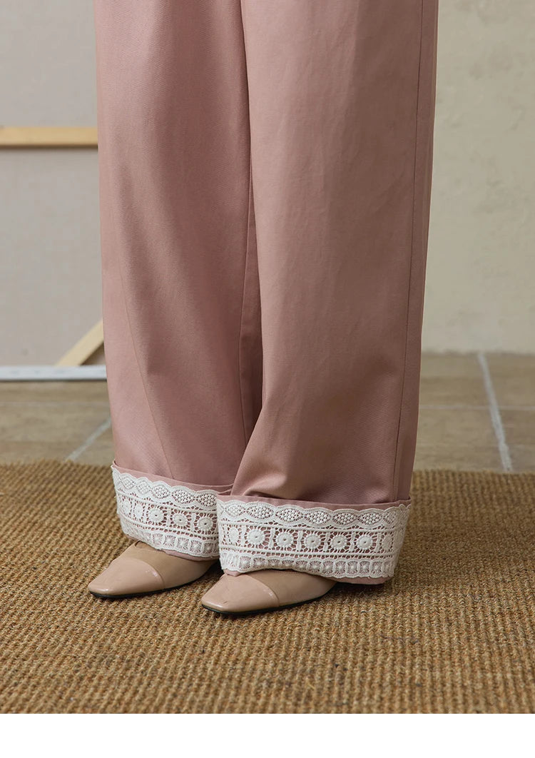 MISHOW Hem Lace Hollow Out Wide Leg Pants for Women Summer 2025 High Waist Loose Pink Pants Straight Leg Trousers MXE31K0900