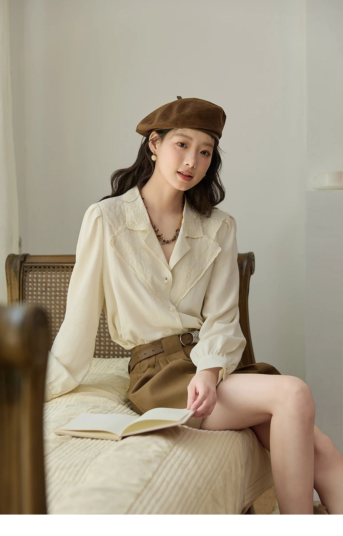 MISHOW Women's Casual Shirts 2025 Autumn Apricot Retro Lace V-neck Top Long Sleeve Lightweight Shirts Women Clothing MXE45X2486