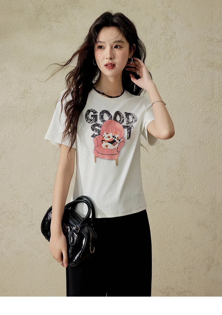 MISHOW Printed Cotton T-shirts for Women Spring 2025 Loose Slim Short Round Neck Tees Versatile Soft Casual Tops MXE13T0461
