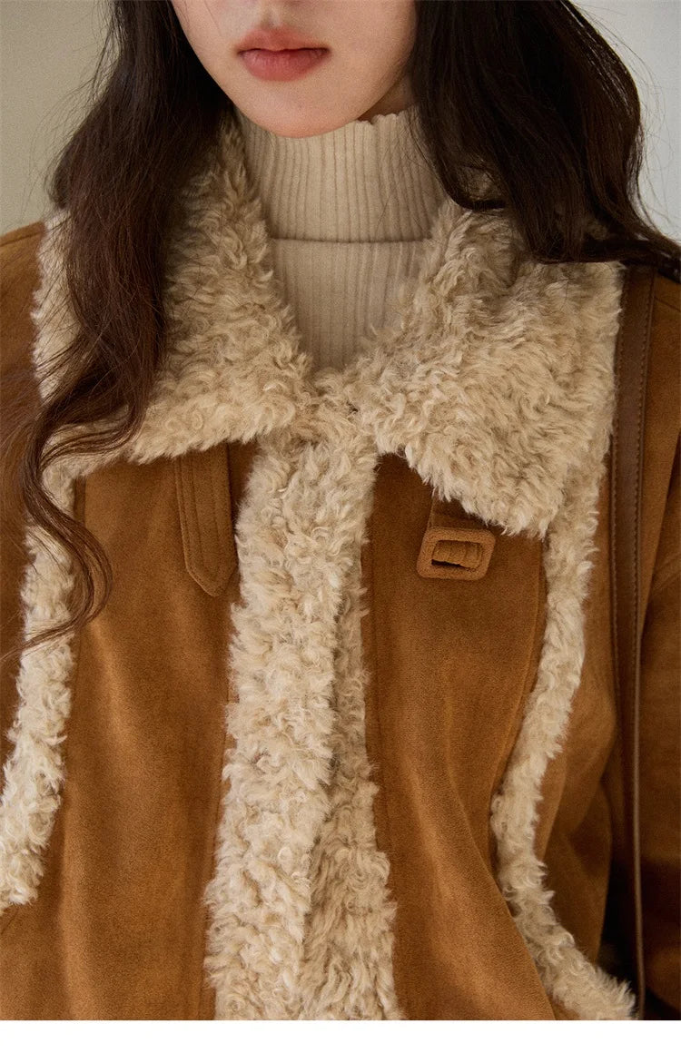 MISHOW Woman Short Jacket 2025 Winter Retro Brown Suede Patchwork Fur Coat Loose Faux Lambswool Turn Down Collar Coat MXE89W0895