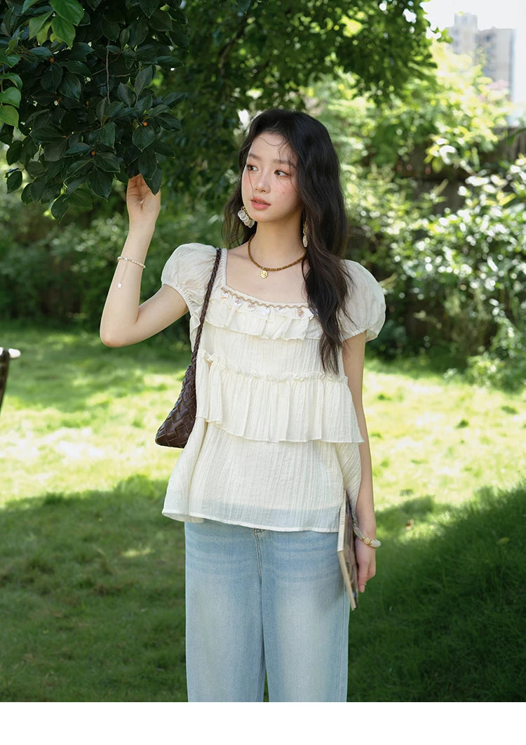 MISHOW Female Fashion Square Collar Loose Blouse 2025 Summer New Commute Puff Sleeve Tierred Top Women's Clothing MXE33X1763