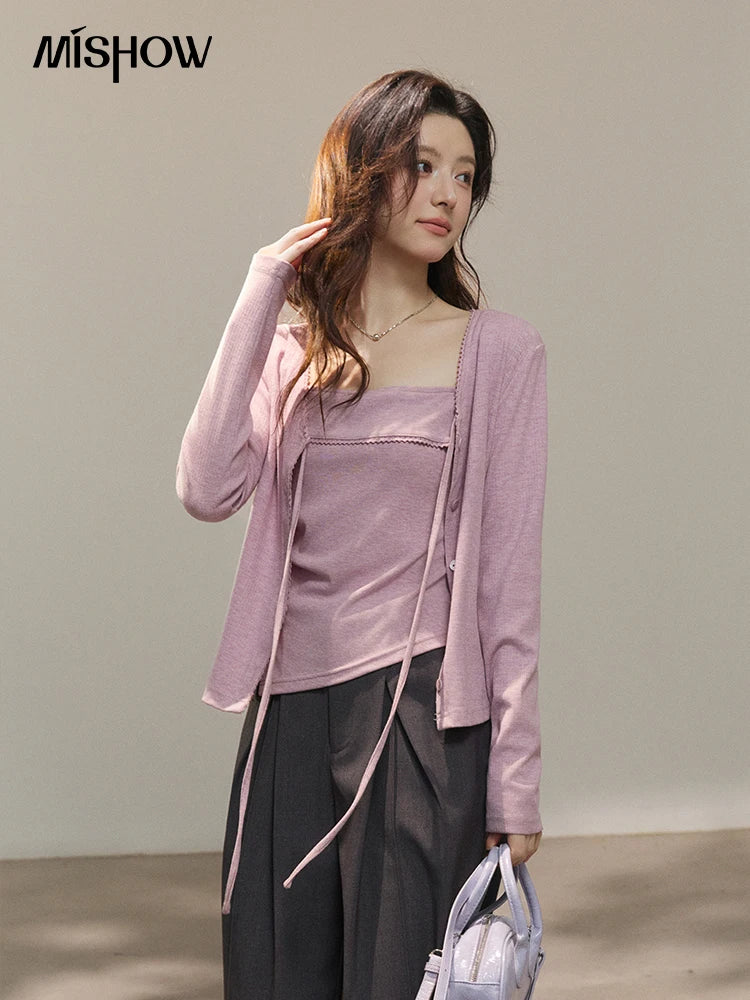 MISHOW Women's Purple Knitted Two-Piece Set 2026 Spring Knitted V-neck Lace-Up Cardigans Camisole Irregular Tops Set MXF13Z2998