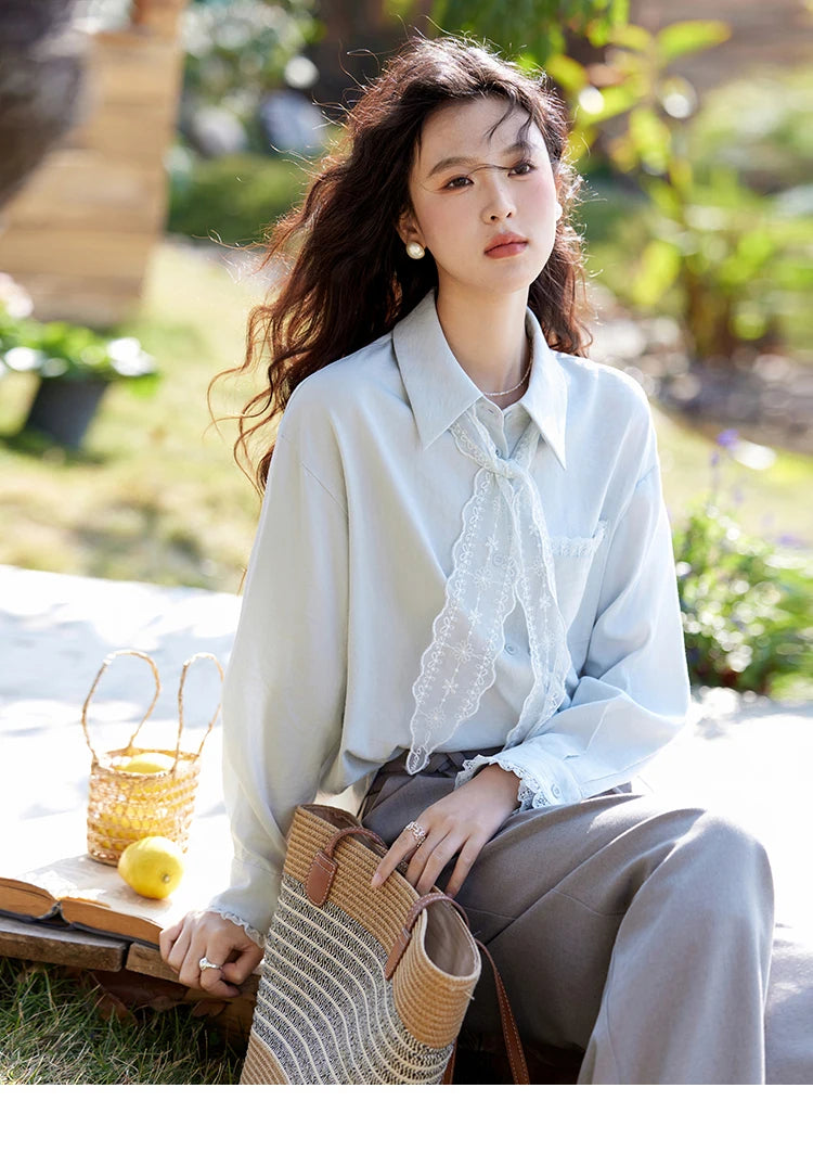 MISHOW French Spring Blouses Women 2025 New Long Sleeve Turn-down Collar Loose Shirts Female Fashion Lace Casual Tops MXE16C0760