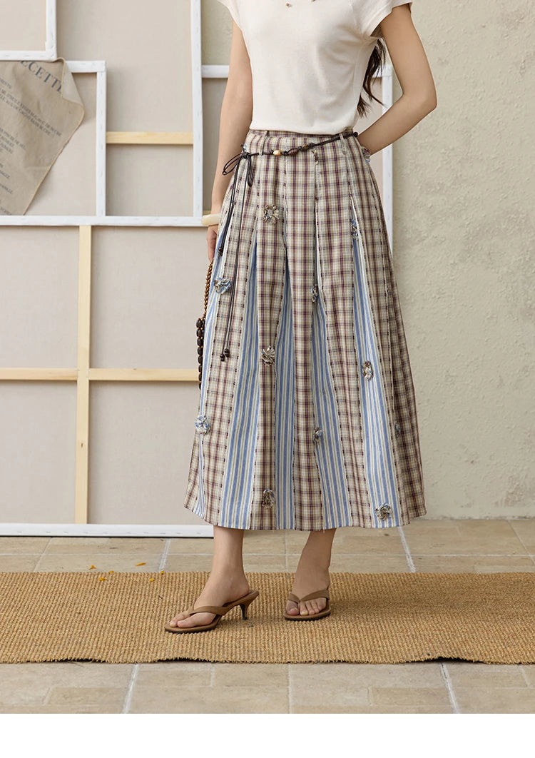 MISHOW Retro Plaid Patchwork Pleats Skirt Summer 2025 Versatile Flowers Slim Skirt A-LINE Skirts Excluding Waist Belt MXE35B0726