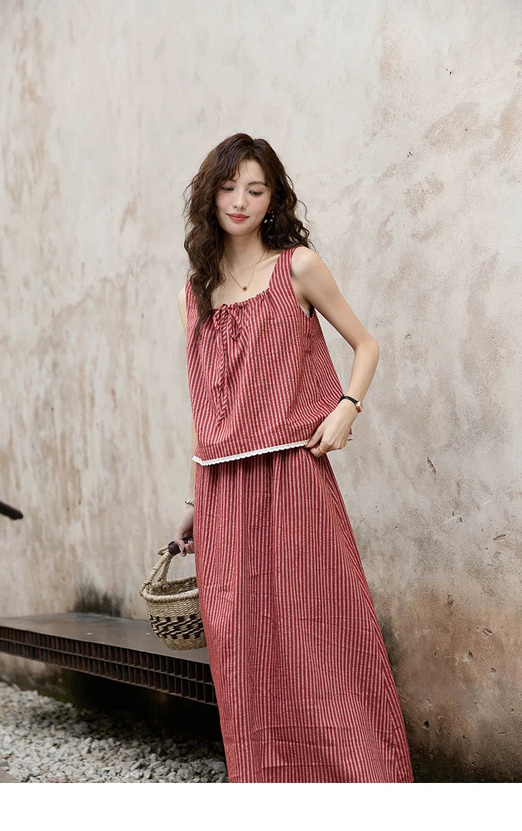 MISHOW French Red Stripe Tank Blouse Elastic Waist Skirt Separately Women 2024 Summer Slim Vacation Strap Waist Skirt MXD30X1631