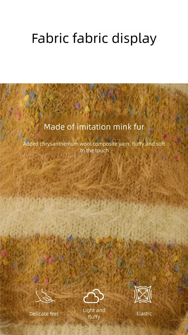 MISHOW Women's V-neck Knit Pullover Retro Yellow Striped Sweater 2025 Casual Faux Mink Jacquard Loose Knit Sweater MXE87Z2766