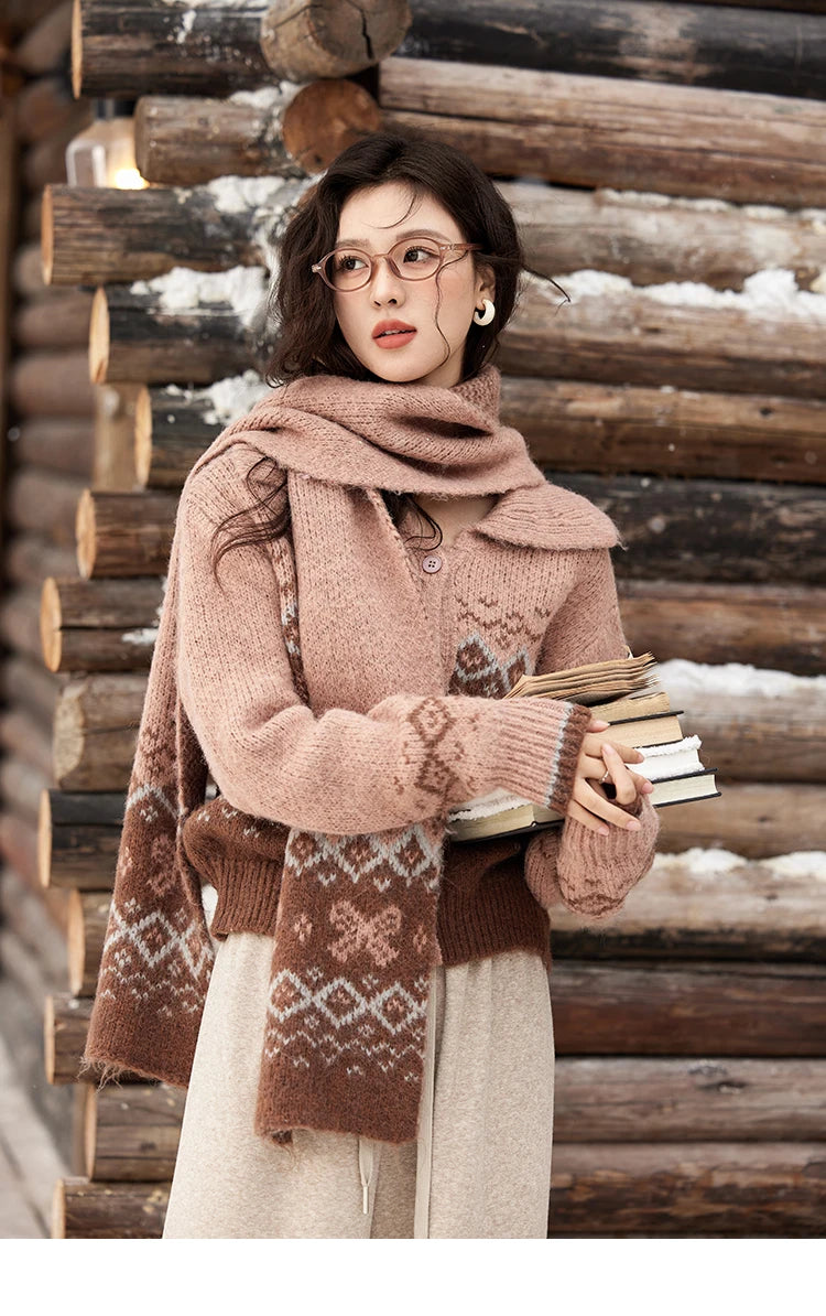MISHOW Fair Isle Knitting Sweater Christmas Retro Cardigan Women Temperament Turn Down Collar Soft Warm Knitted Coat MXD58Z1036