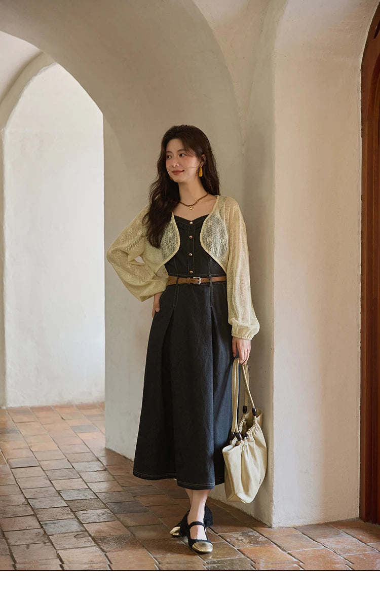 MISHOW Women's Two-Piece Set 2025 Lantern Sleeves Knitted Cardigan Imitation Denim Strap Dress Set With Belt Included MXE41T0704