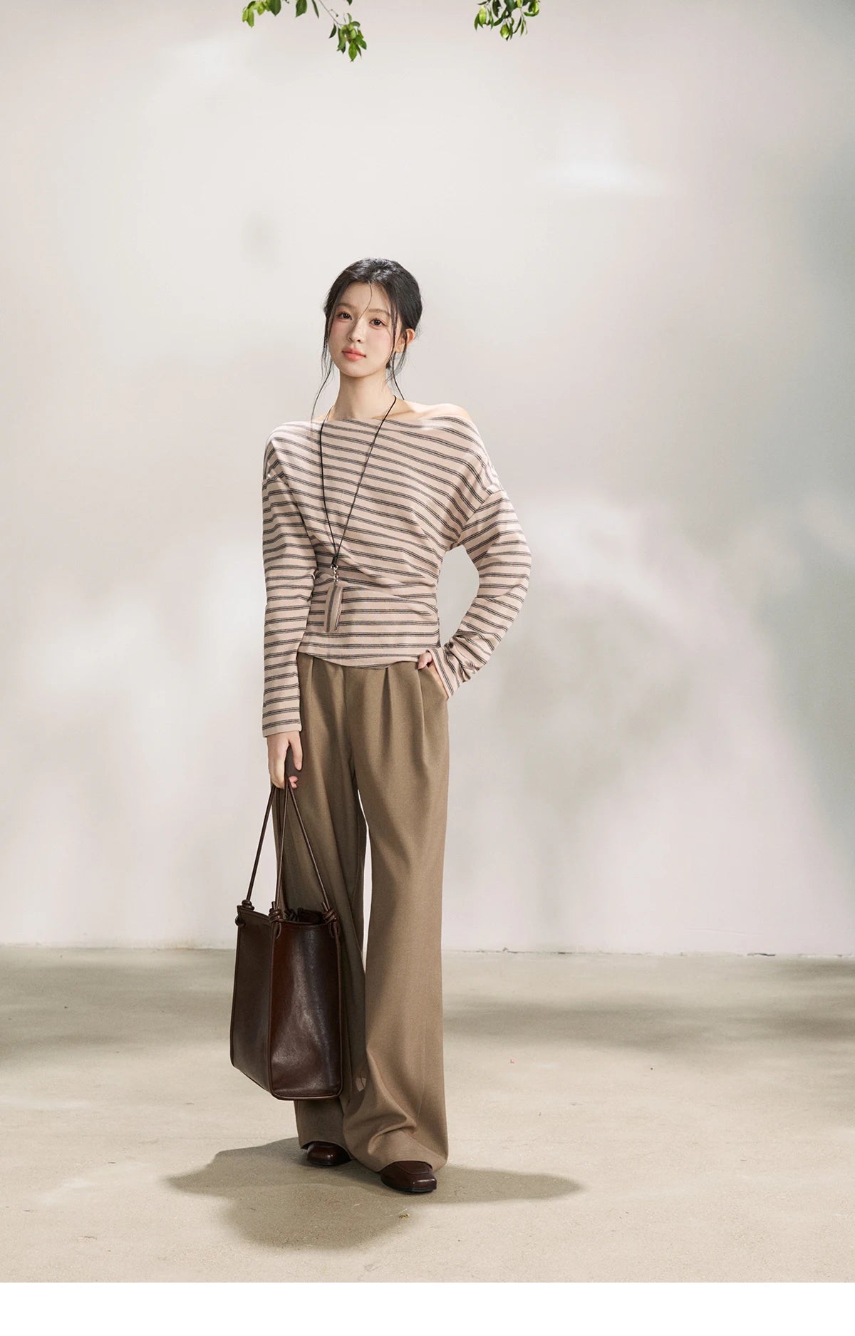 MISHOW Striped Boat Neck Long Sleeve Tops 2026 Spring Ruched Side SlimCasual Soft Breathable T-Shirt with Necklace MXF13T1514