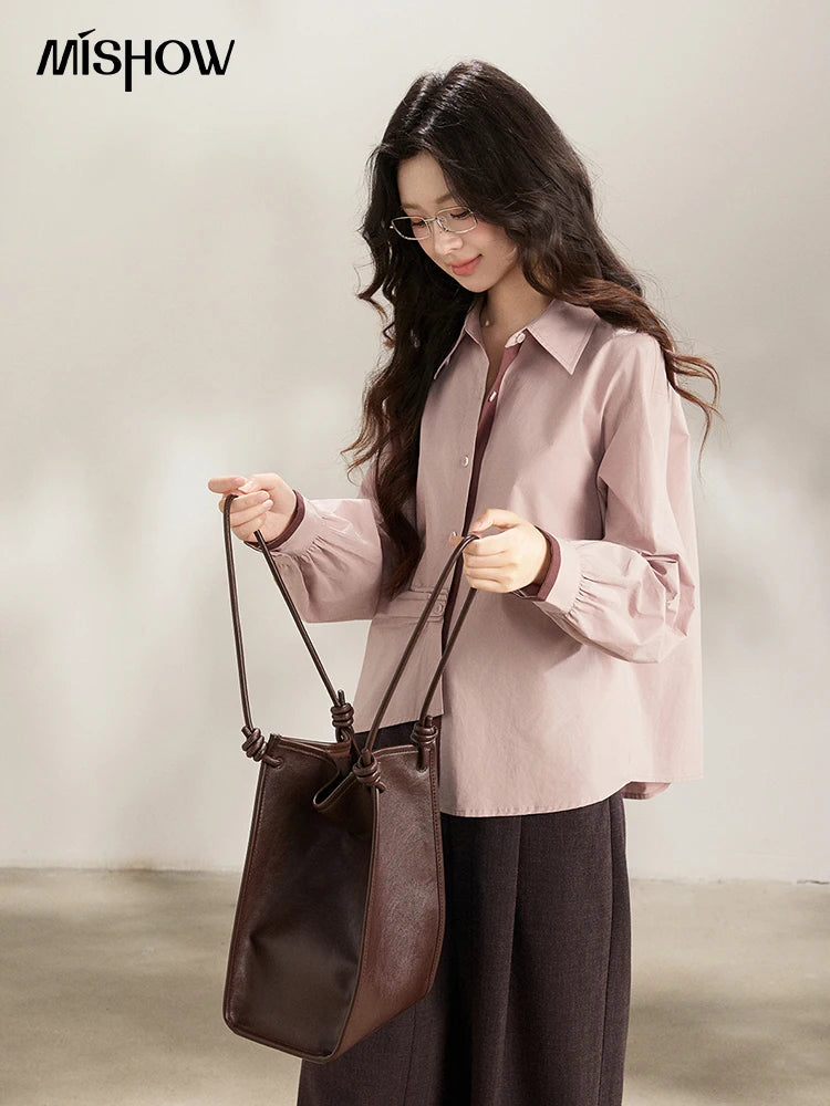 MISHOW Women's French 100 Cotton Contrasting Color Shirts Spring Polo Neck Asymmetrical Casual Commute Loose Shirt MXF13C2435