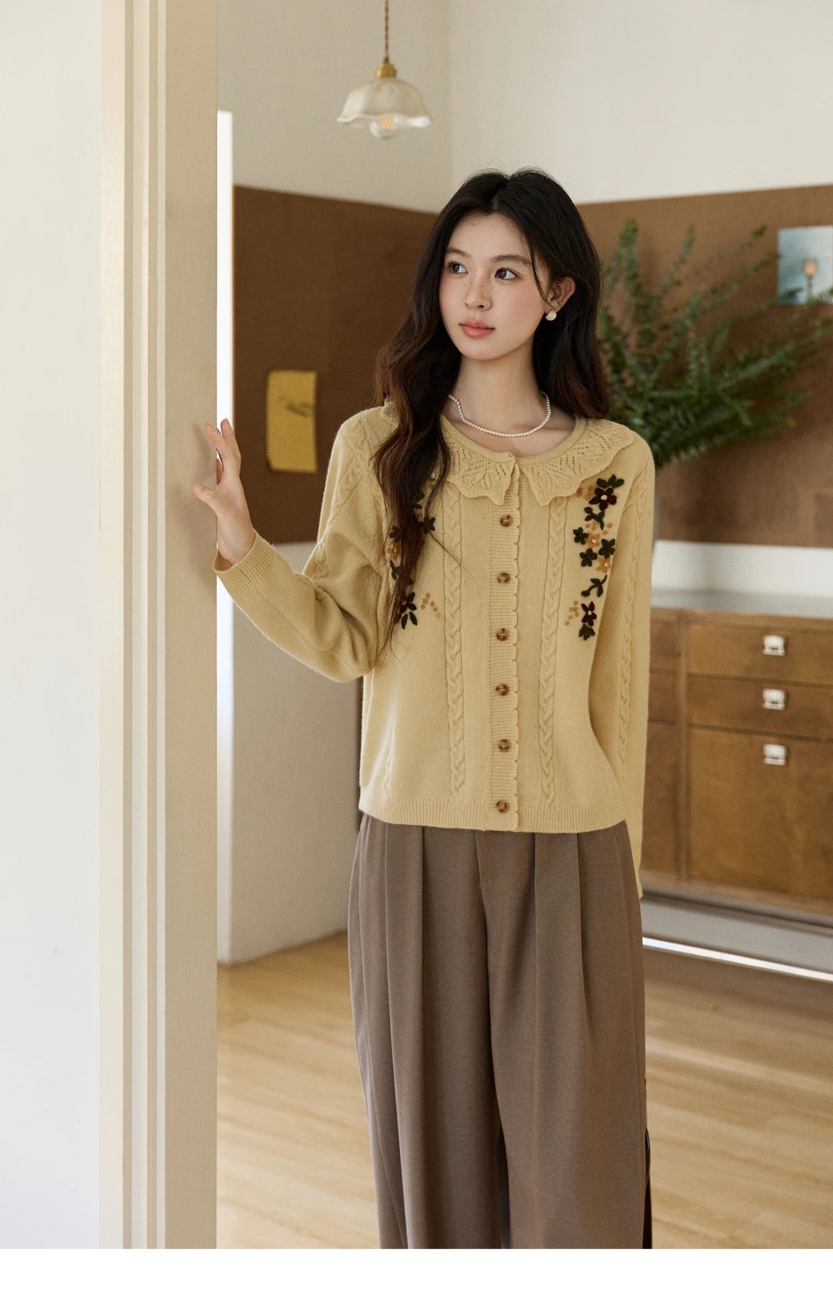 MISHOW Women's Cable Knit Cardigan Spring Peter Pan Collar Floral Embroidery Sweater Long Sleeve Casual Loose Tops MXF11Z2904