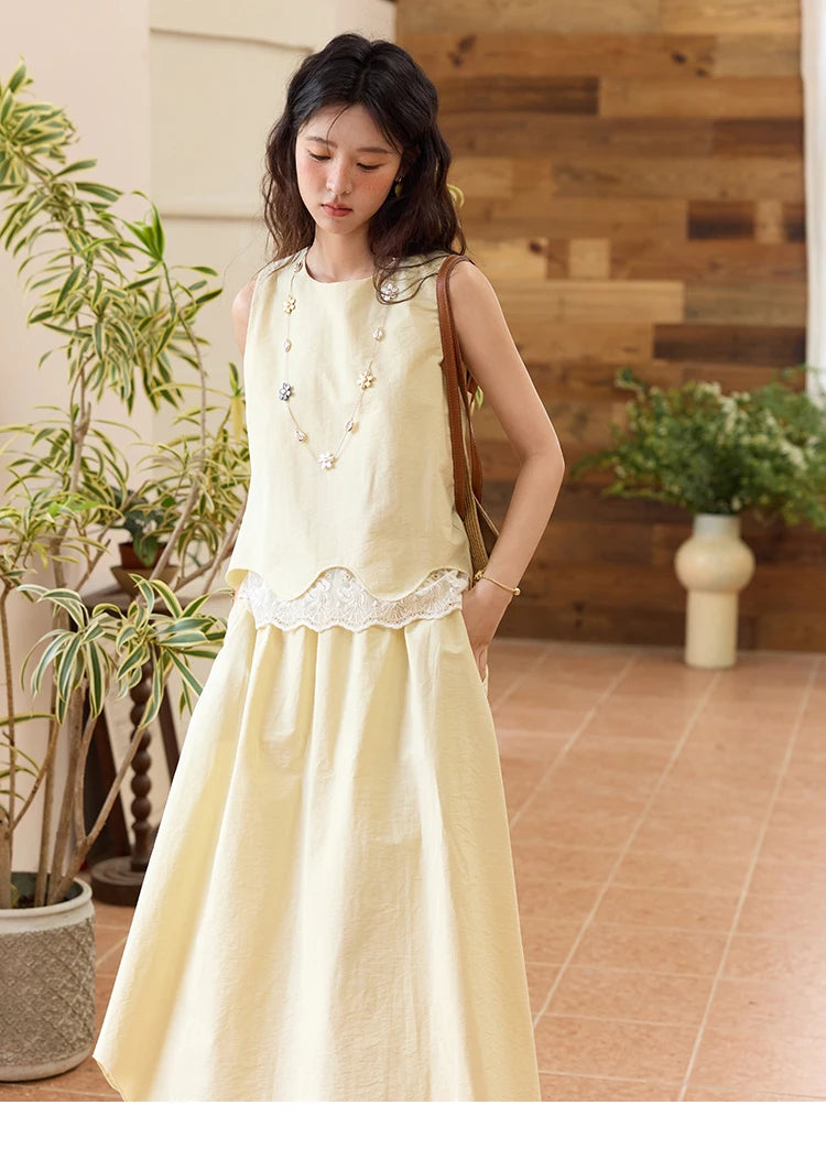 MISHOW Set 2 Piece 2025 Summer Women's O-Neck Lace Patchwork Sleeveless Top Elastic Waist Midi Skirt Elegnat Set MXE36T0641