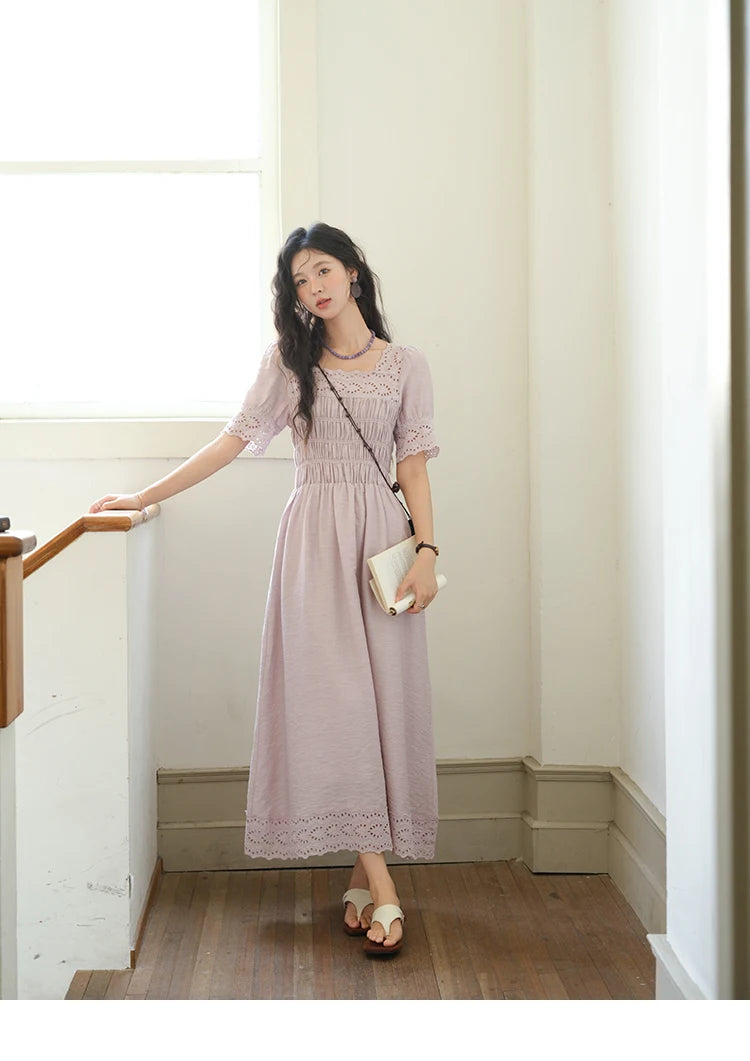 MISHOW Puff Sleeve Dress for Women 2025 Summer New Square Neck Fashion Lace Hollow Purple Dresses Female Clothing MXE39L2406