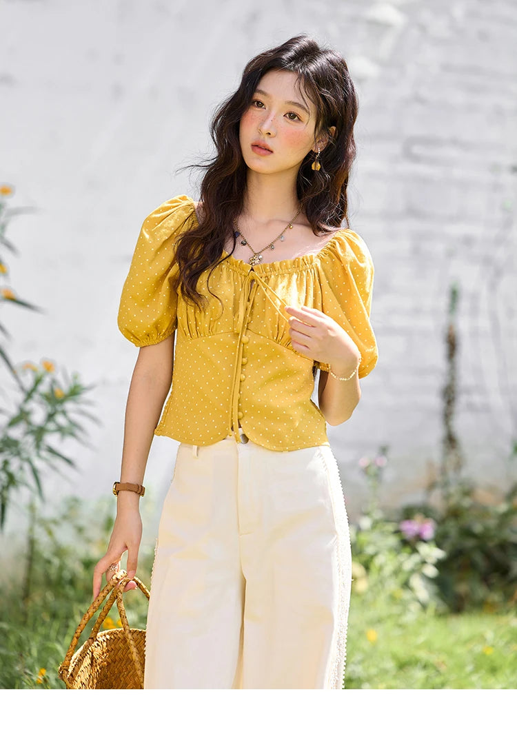 MISHOW Yellow Polka Dot One Shoulder Blouses for Women Summer 2025 Back Elastic Vintage 100 Cotton Top Lace-up Blouse MXE35X1840