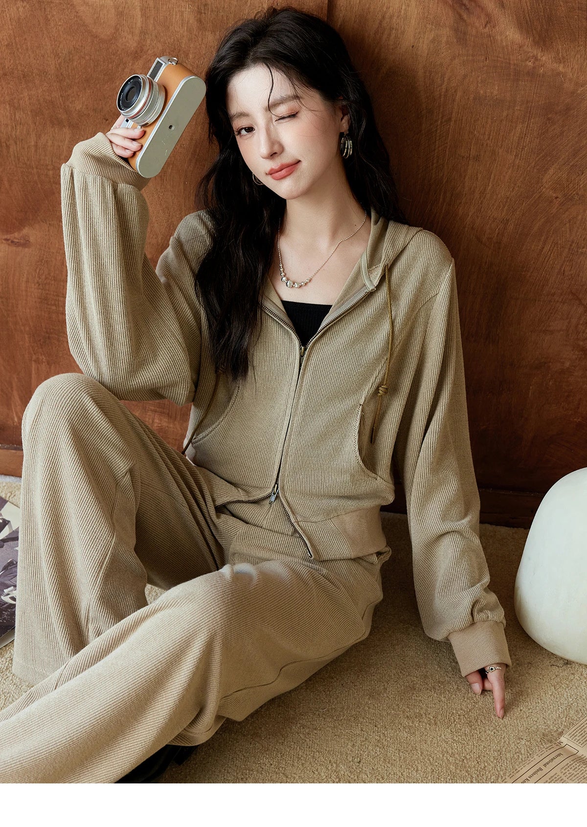 MISHOW Hooded Double Zipper Sweatshirt Knitted Straight Leg Pants Separately Versatile Top Back Elastic Waist Pants MXD44Z0794