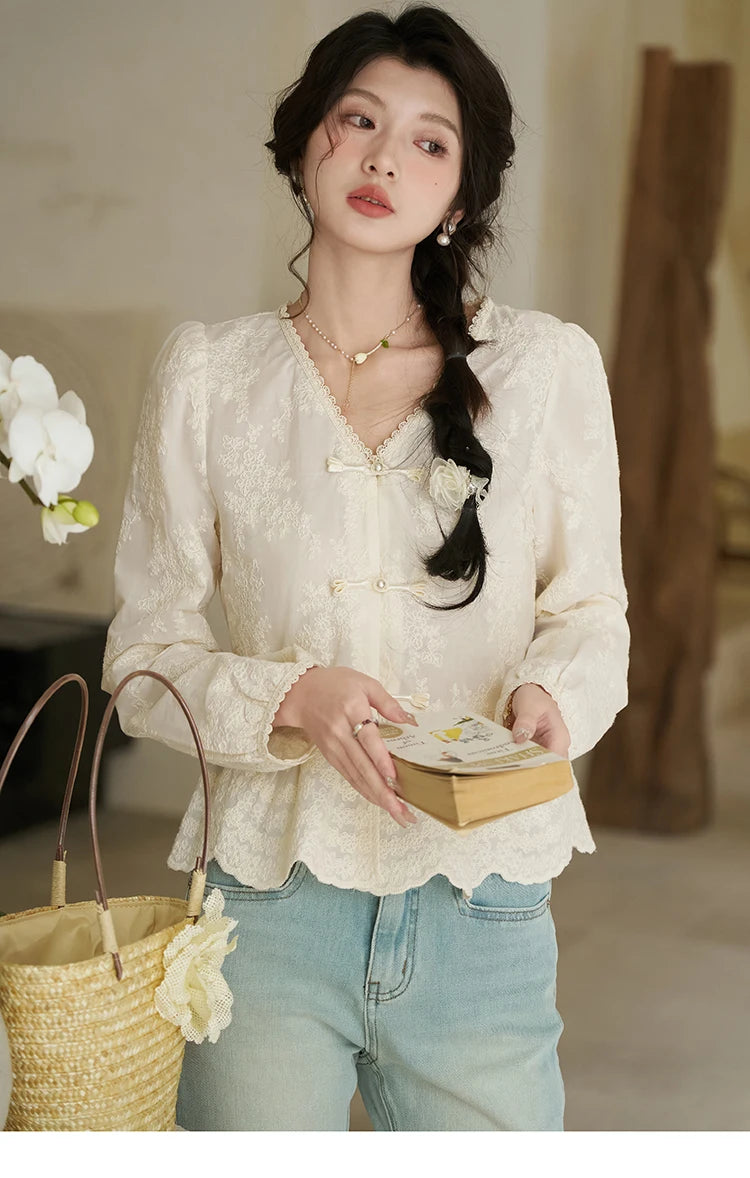 MISHOW Chinese Lace Blouses French Sweet Three-dimensional Embroidery Spring 2024 Button Up V-neck Long Sleeved Top MXD14X1433