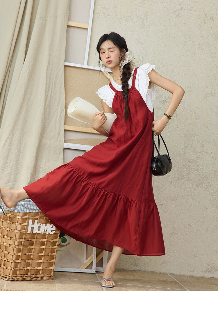 MISHOW Red Linen Strap Midi Dress Summer Sleeveless Casual Vacation Dress Hanging Neck Loose A-LINE Dress (Not A Set) MXE36L2309