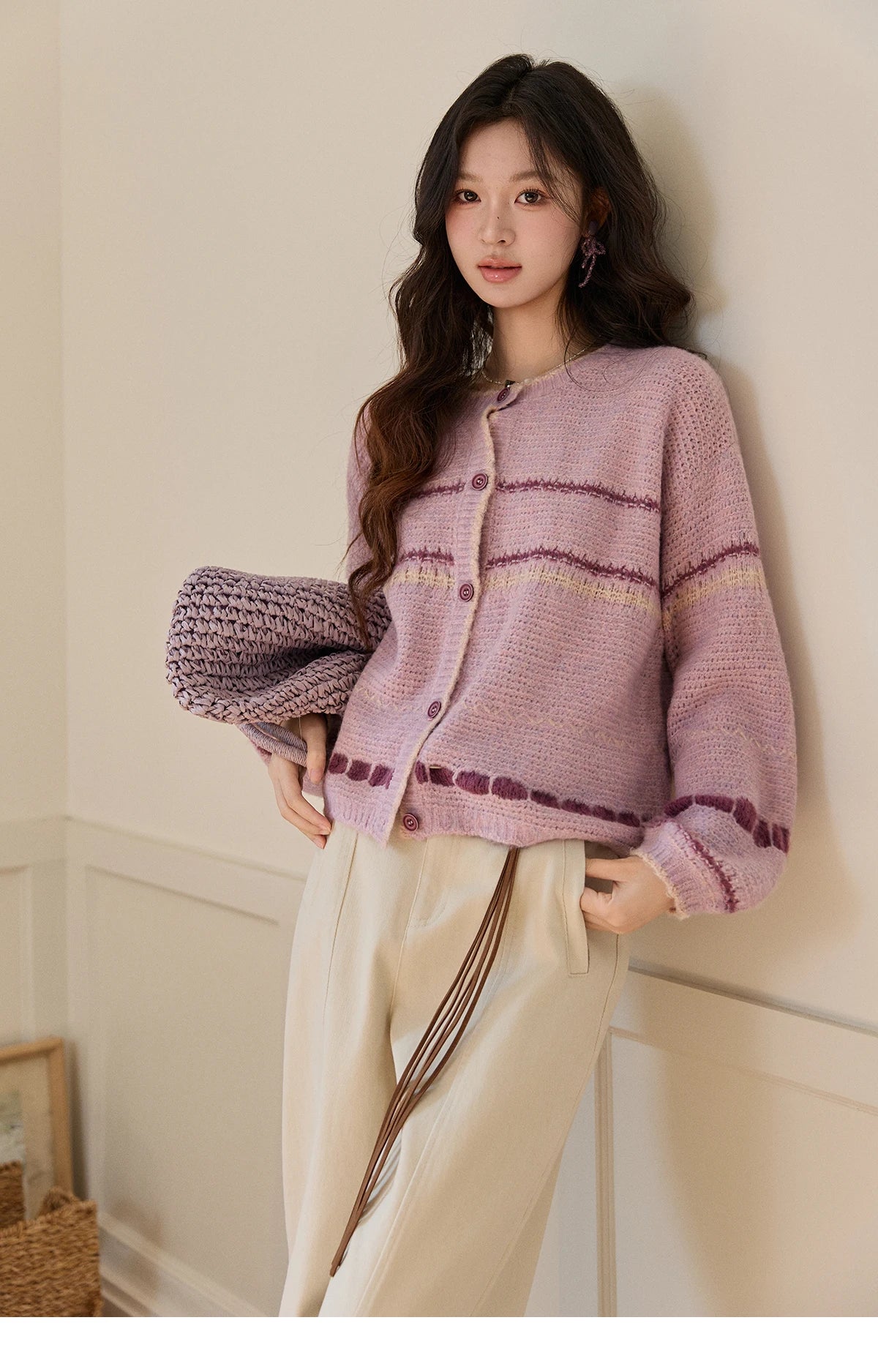 MISHOW Women's Lilac Knit Cardigan 2026 Spring Striped Dot Pattern Crew Neck Tops Single Breasted Warm Loose Sweater MXF11Z2897