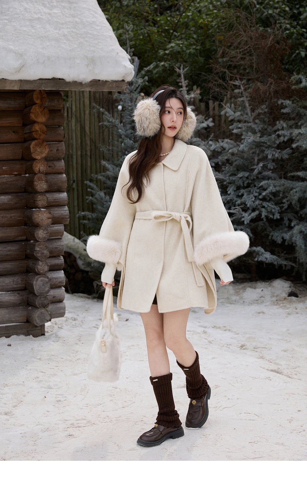 MISHOW 100% Wool Cape Double-sided Woolen Coat 2025 Winter Elegant Detachable Furry Cuffs Warm Lapel Ponchos Coats MXE90W0947