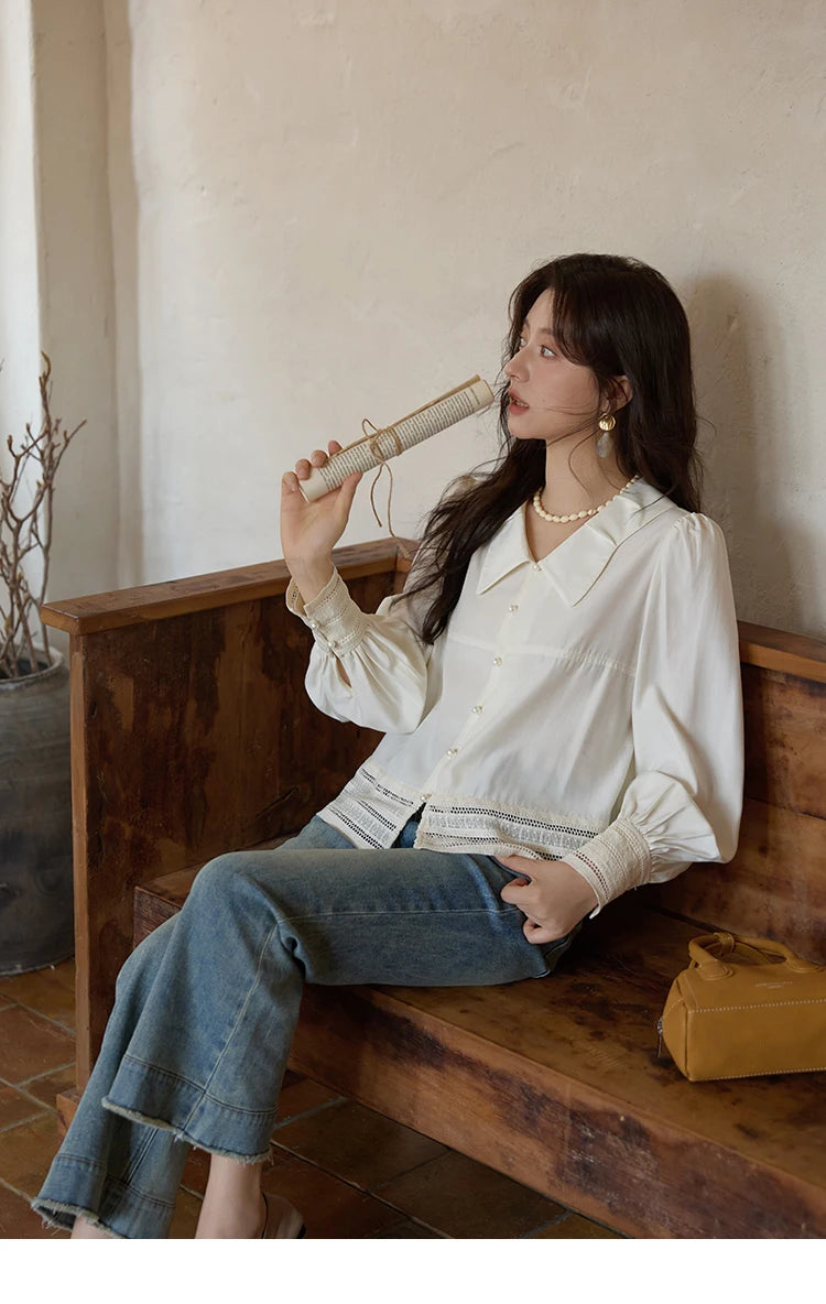 MISHOW Women's French Lace Patchwork Shirt 2025 Autumn Butterfly Collar Lantern Sleeves Apricot Elegant Commuting Top MXE41C2357